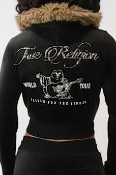 VELOUR FAUX FUR SHRUNKEN ZIP HOODIE, image 1