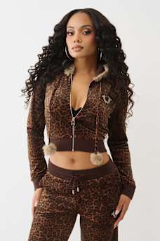 VELOUR FAUX FUR SHRUNKEN ZIP HOODIE, image 4