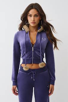 VELOUR FAUX FUR SHRUNKEN ZIP HOODIE, image 2
