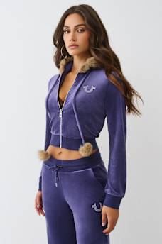 VELOUR FAUX FUR SHRUNKEN ZIP HOODIE, image 5