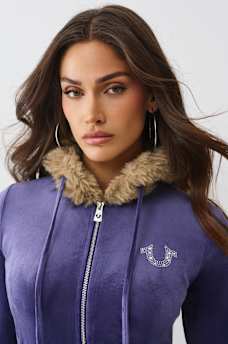 VELOUR FAUX FUR SHRUNKEN ZIP HOODIE, image 6