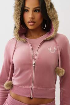 VELOUR FAUX FUR SHRUNKEN ZIP HOODIE, image 3