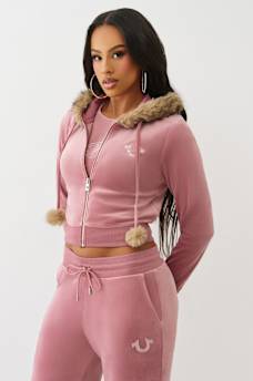 VELOUR FAUX FUR SHRUNKEN ZIP HOODIE, image 5