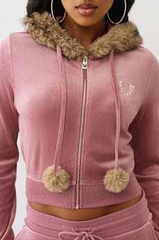 VELOUR FAUX FUR SHRUNKEN ZIP HOODIE, image 6