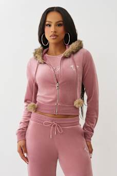 VELOUR FAUX FUR SHRUNKEN ZIP HOODIE, image 1