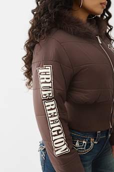 FAUX FUR SHRUNKEN HOODED PUFFER, image 4