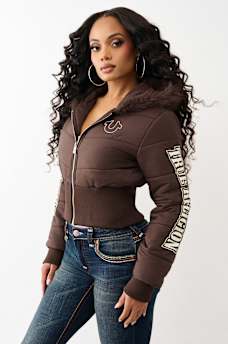 FAUX FUR SHRUNKEN HOODED PUFFER, image 1