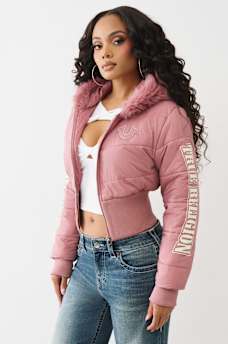 FAUX FUR SHRUNKEN HOODED PUFFER, image 4