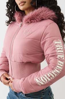 FAUX FUR SHRUNKEN HOODED PUFFER, image 1