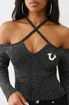 HORSESHOE LUREX CROSS STRAP RIBBED LONG SLEEVE TOP, image 2