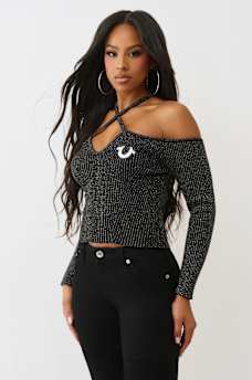 HORSESHOE LUREX CROSS STRAP RIBBED LONG SLEEVE TOP, image 4