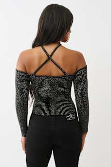 HORSESHOE LUREX CROSS STRAP RIBBED LONG SLEEVE TOP, image 5