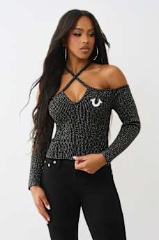 HORSESHOE LUREX CROSS STRAP RIBBED LONG SLEEVE TOP, image 1