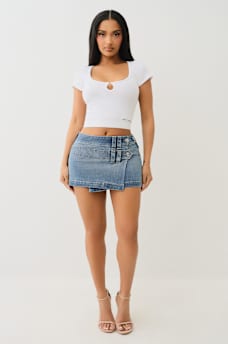 LOW RISE DENIM WRAP MINI SKIRT, image 3
