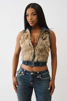 FAUX FUR DENIM VEST, image 1