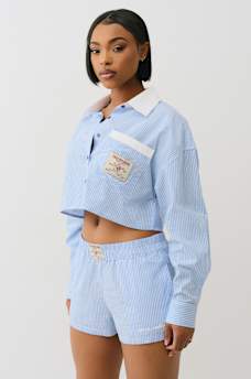 PINSTRIPED BUTTON DOWN CROP SHIRT, image 3