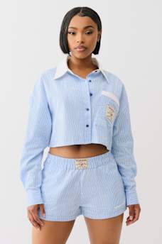 PINSTRIPED BUTTON DOWN CROP SHIRT