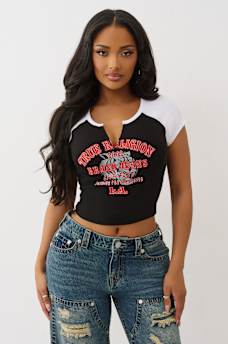 EMBROIDERED V NOTCH RIBBED RAGLAN TEE, image 2