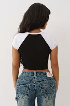 EMBROIDERED V NOTCH RIBBED RAGLAN TEE, image 5