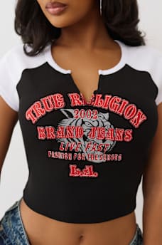 EMBROIDERED V NOTCH RIBBED RAGLAN TEE, image 1
