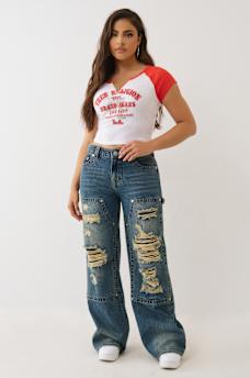 EMBROIDERED V NOTCH RIBBED RAGLAN TEE, image 3