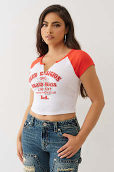 EMBROIDERED V NOTCH RIBBED RAGLAN TEE, image 4