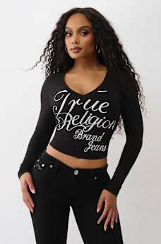 CRYSTAL LOGO V NECK LONG SLEEVE TEE, image 1