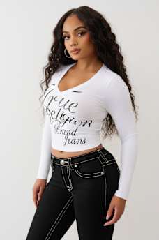 CRYSTAL LOGO V NECK LONG SLEEVE TEE, image 3
