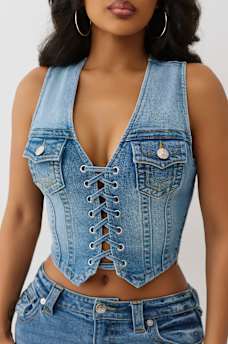 LACE UP DENIM VEST, image 1