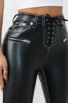 CHARLIE HIGH RISE LACE-UP FAUX LEATHER FLARE PANT, image 5