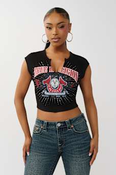 CAMISETA CON CUELLO EN V GASTADA CON BUDDHA CON CRISTALES, image 2