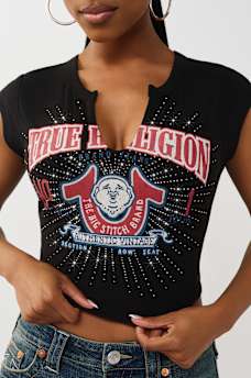 CAMISETA CON CUELLO EN V GASTADA CON BUDDHA CON CRISTALES, image 1