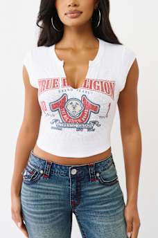 DISTRESSED BUDDHA CRYSTAL  V-NOTCH TEE, image 1