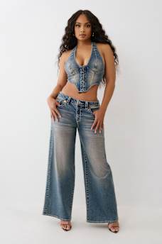 EMBROIDERED DENIM HALTER CORSET TOP, image 3