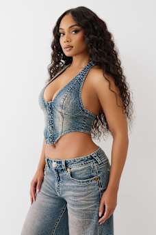 EMBROIDERED DENIM HALTER CORSET TOP, image 4