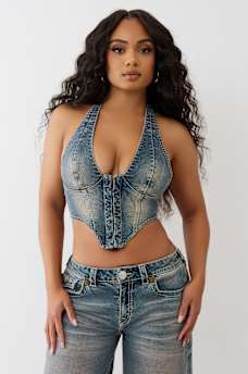 EMBROIDERED DENIM HALTER CORSET TOP, image 1