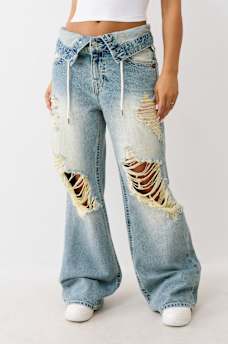 BOBBI DOUBLE WAISTBAND DISTRESSED BAGGY JEAN, image 1