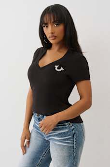 CRYSTAL BUDDHA GRAPHIC V-NECK TEE, image 4