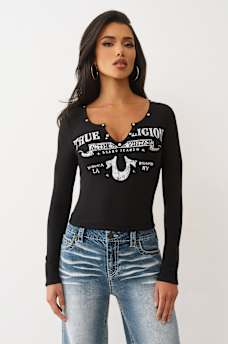 RIBBED V NOTCH LONG SLEEVE TEE, image 1