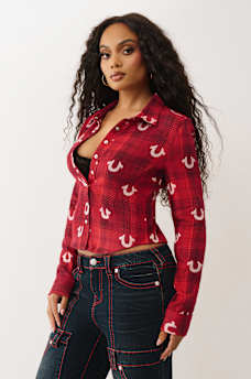 PLAID HORSESHOE WOVEN TOP, image 3