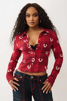 PLAID HORSESHOE WOVEN TOP, image 1