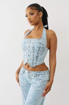 FOILED LEOPARD DENIM HALTER TOP, image 3