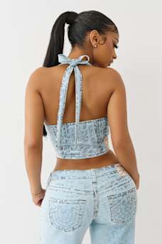 FOILED LEOPARD DENIM HALTER TOP, image 6