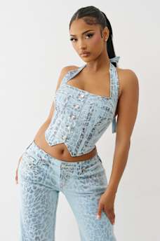 FOILED LEOPARD DENIM HALTER TOP, image 1