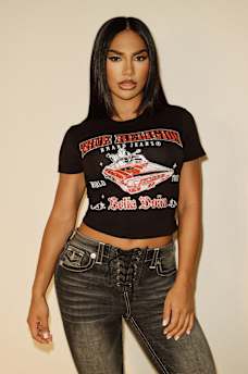 TRUE RELIGION X BELLA DOÑA CRYSTAL LOWRIDER BABY TEE, image 2