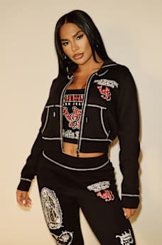 TRUE RELIGION X BELLA DOÑA CRYSTAL SHRUNKEN ZIP HOODIE, image 1
