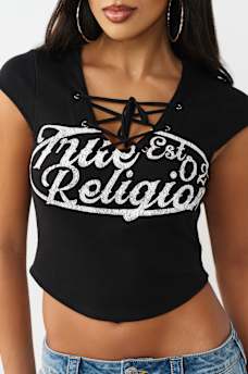 LACE-UP CAP SLEEVE RIBBED TOP, image 1