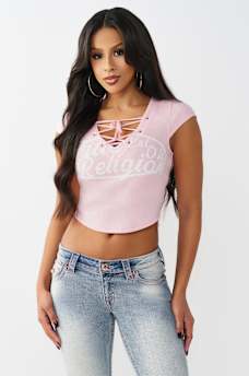 LACE-UP CAP SLEEVE RIBBED TOP, image 2