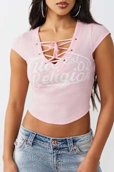 LACE-UP CAP SLEEVE RIBBED TOP, image 1