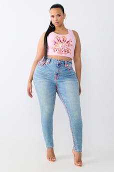 PLUS JENNIE MID RISE SUPER T FLAP CURVY SKINNY JEAN